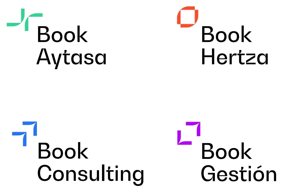 Arquitectura de marca del grupo Book & Partners: logotipos de Book Aytasa, Book Hertza, Book Consulting y Book Gestión