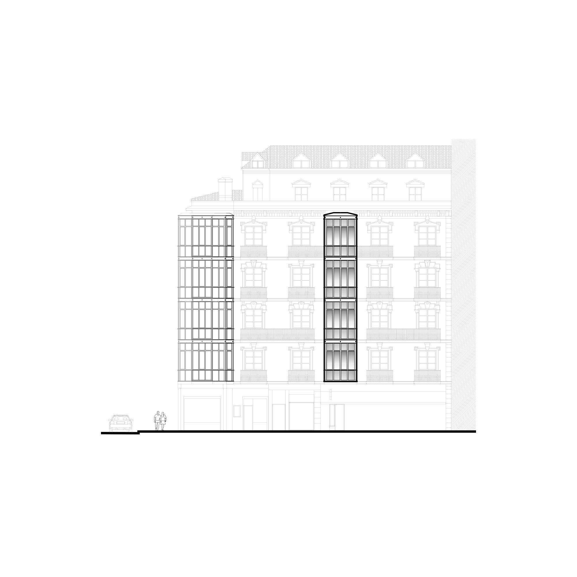 Plano del proyecto Miradores Astarloa: sustitución de los miradores de un edificio histórico en Bilbao